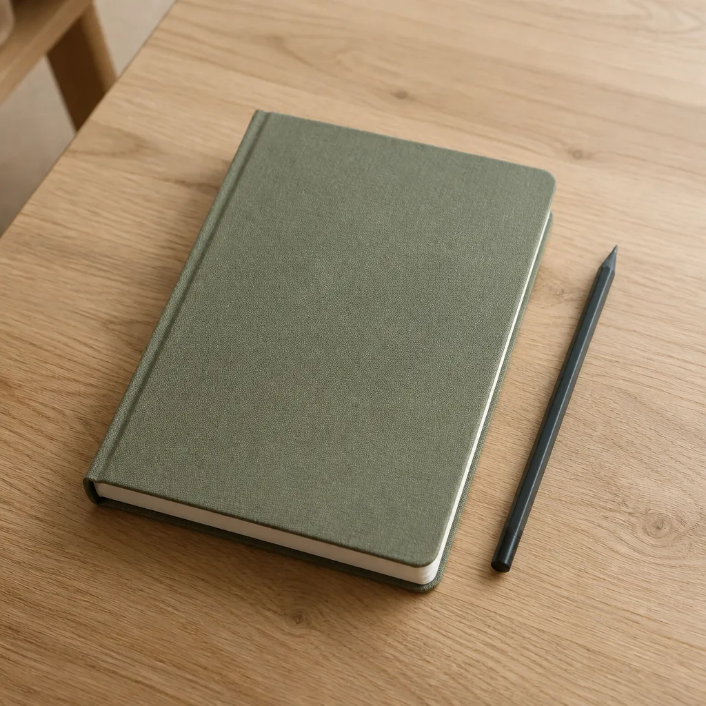 Carnet à couverture de tissu vert, fermé, posé sur une table en bois clair