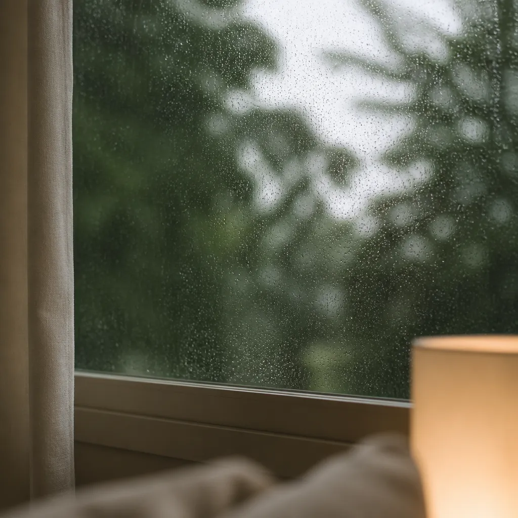 Fines gouttes de pluie sur une vitre, arbres verts flous en arrière-plan
