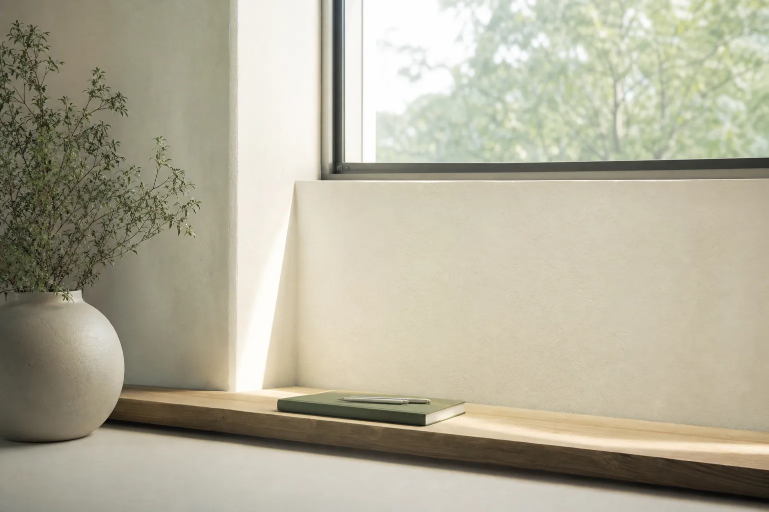 Fenêtre lumineuse d’un intérieur épuré, un carnet fermé posé sur le rebord