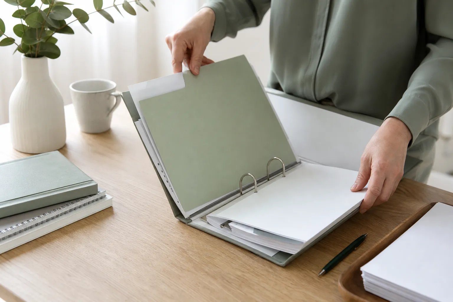 Mains qui classent les pièces d’un dossier dans une pochette, sur un bureau sobre