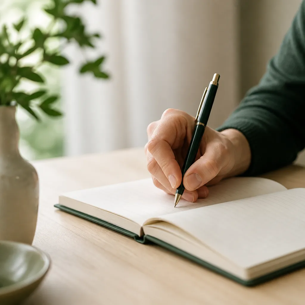 Main qui note au stylo la liste des pièces à réunir, sur un carnet posé sur une table en bois clair