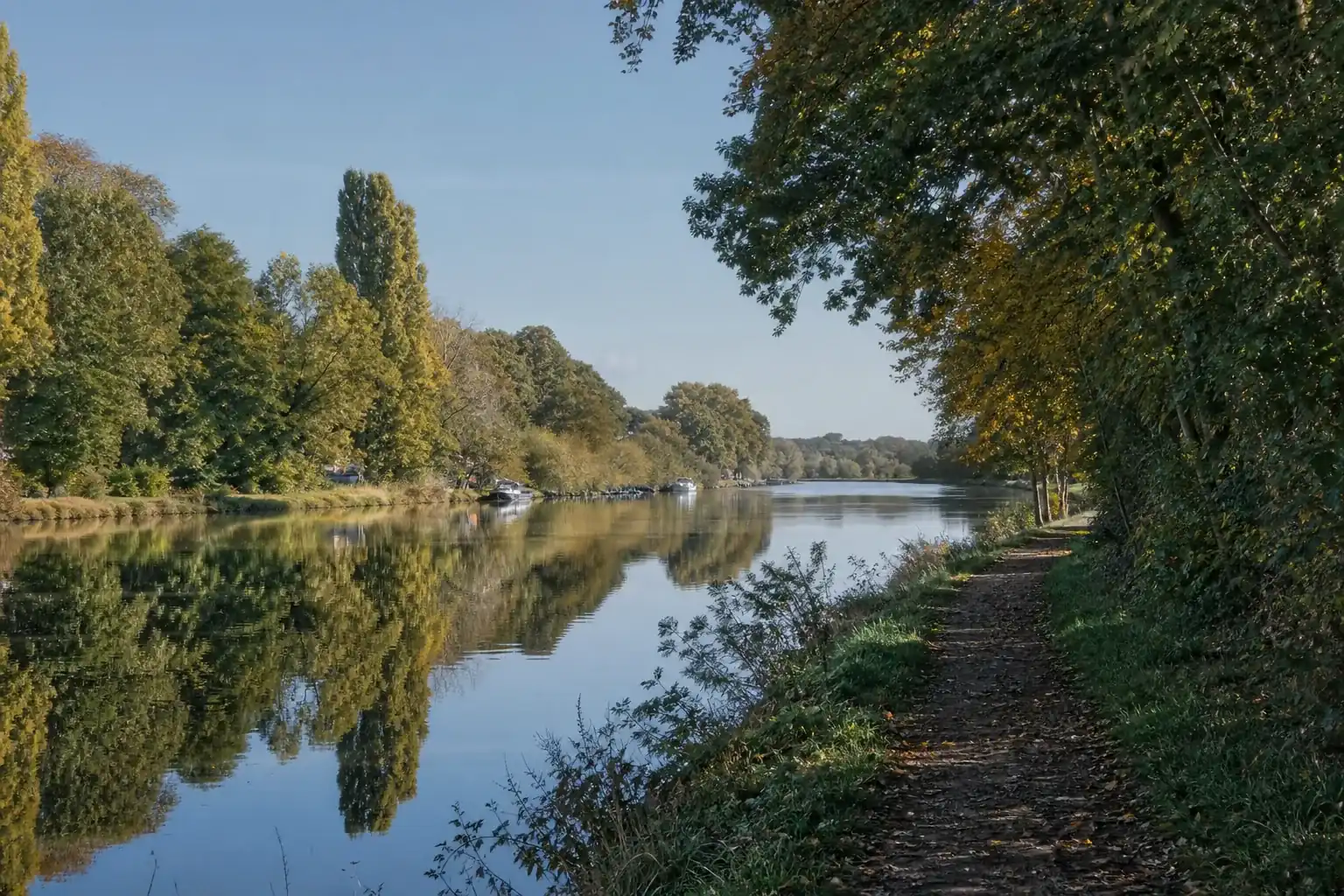 Les berges de l’Erdre à Nantes en automne, eau calme et arbres au feuillage doré