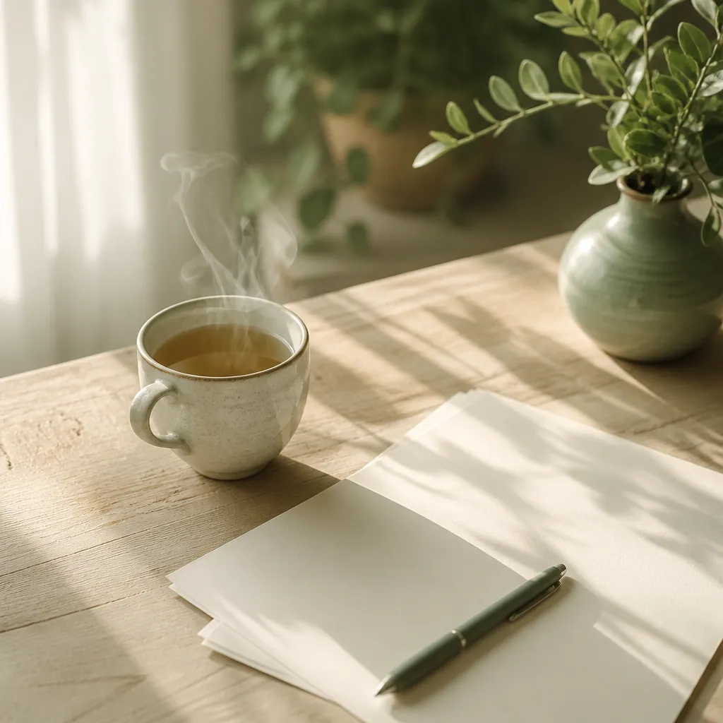 Tasse de thé fumante posée à côté de feuilles vierges et d’un stylo